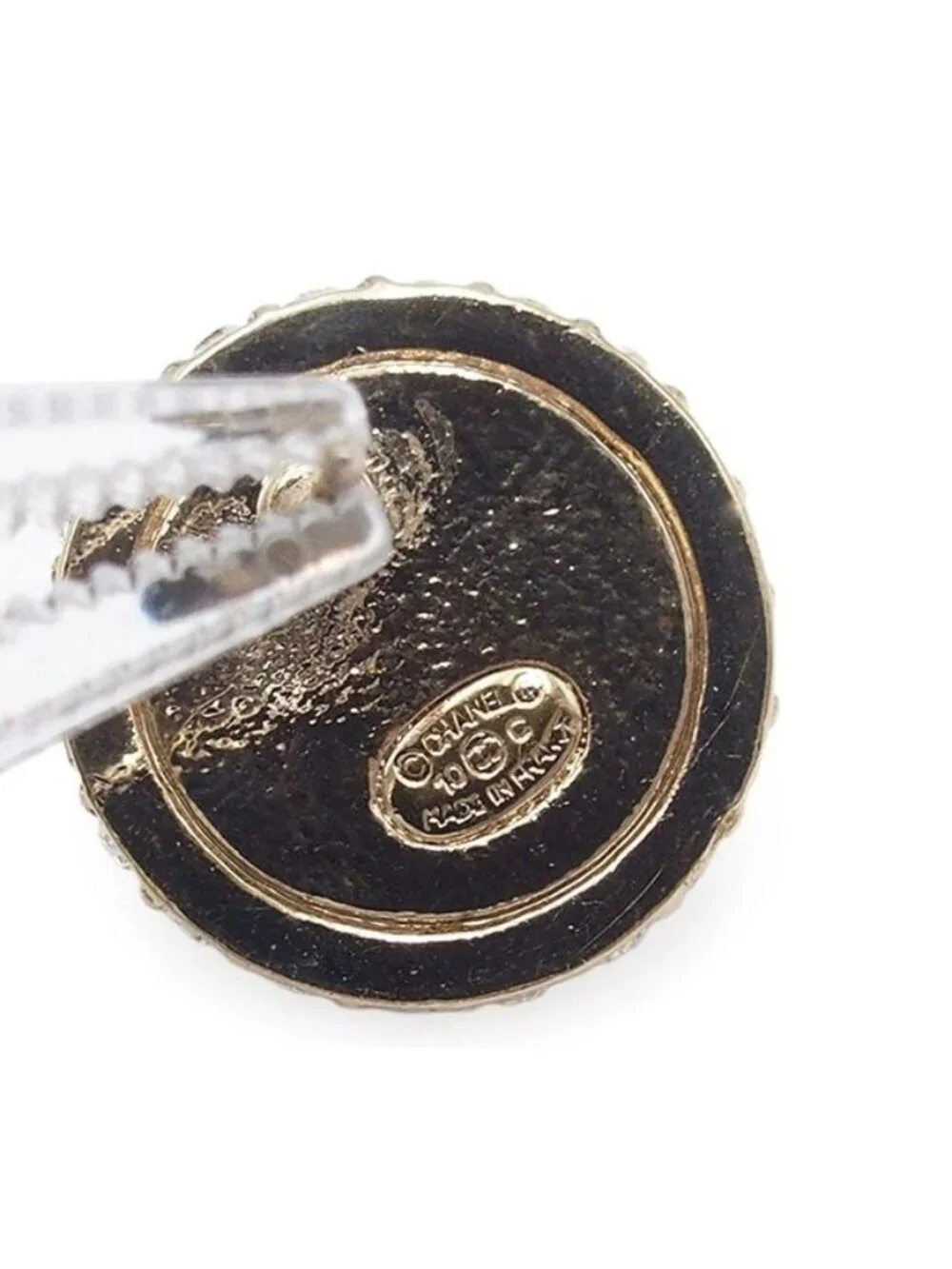 Chanel Earrings Black Gold Metal Costume Pearl Rhinestone CC Logo 10c